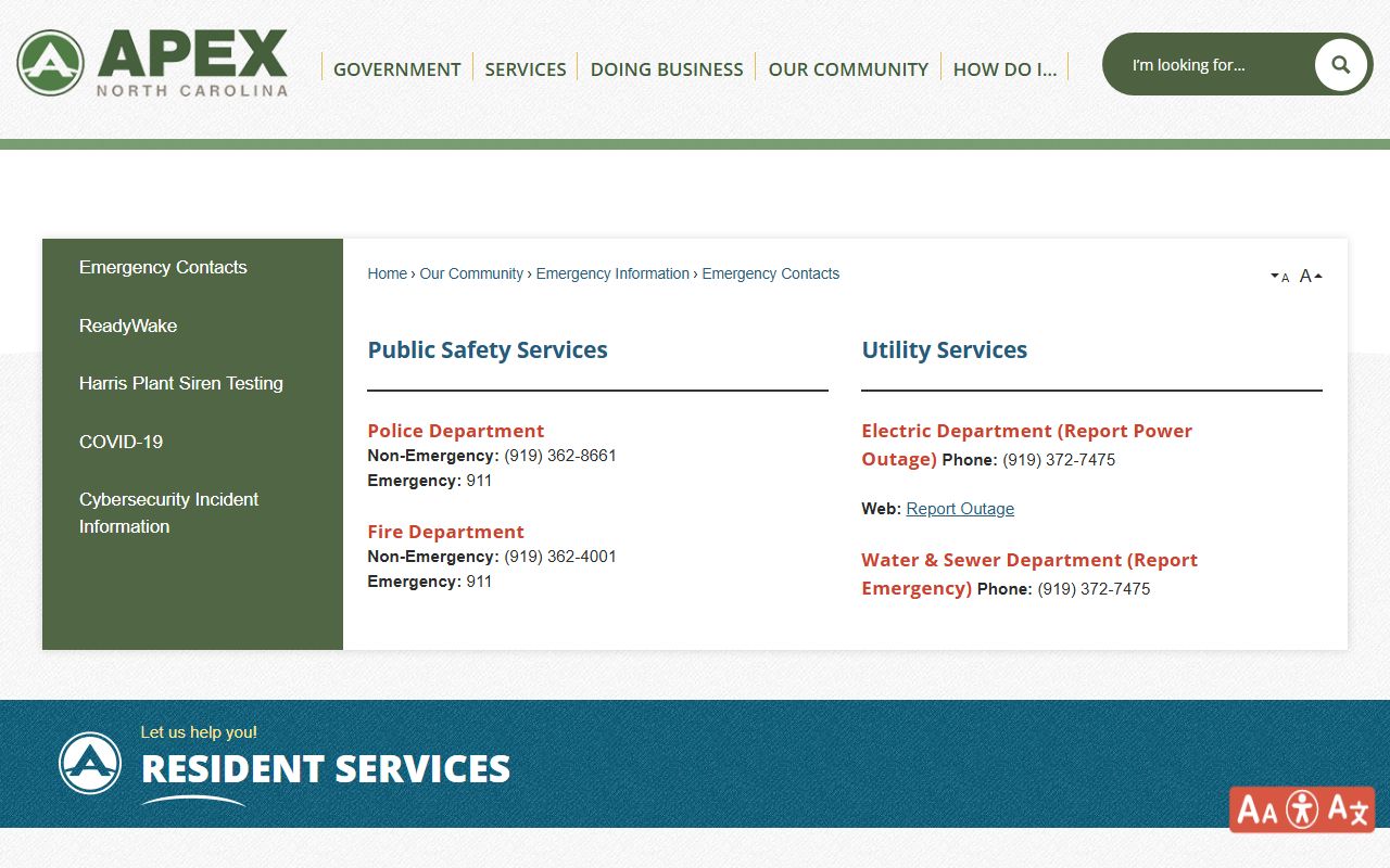 Apex phone directory emergency contacts page