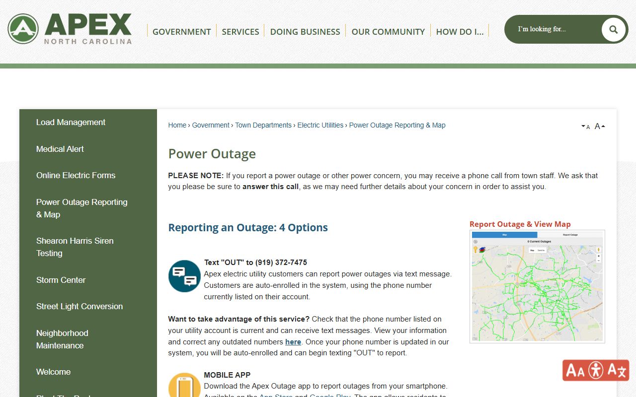 Apex phone directory power outage reporting page