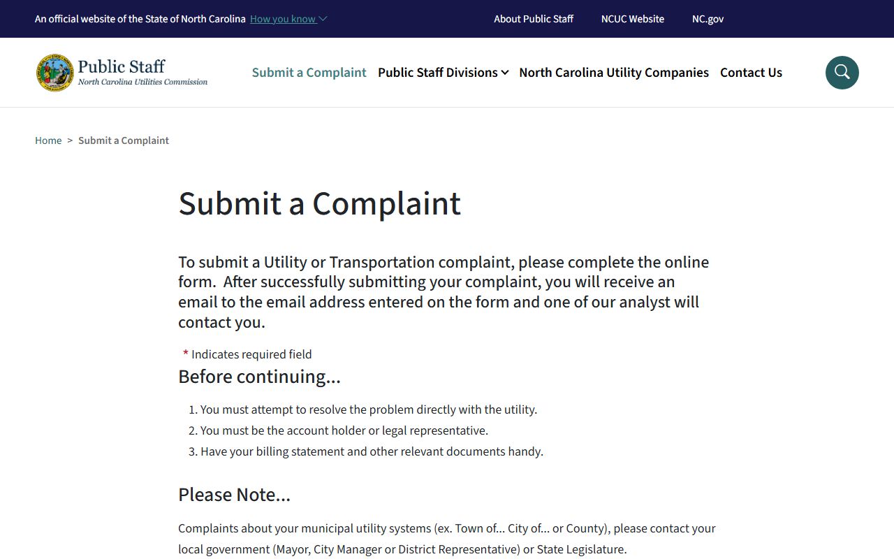 Apex phone numbers NC Public Staff utility complaint page