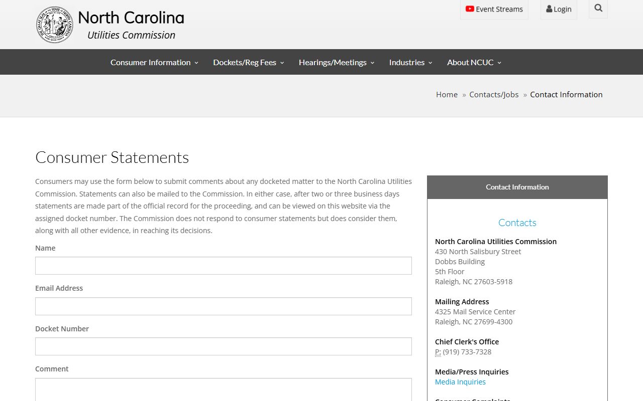 Apex phone numbers North Carolina Utilities Commission contact page